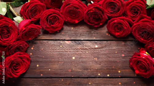 Red roses are elegantly staged on a wooden surface, complemented by soft bokeh lights. Ideal for romantic design projects and greeting cards.