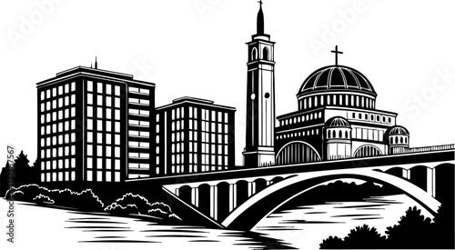 A high resolution black and white silhouette of a modern city skyline at dusk with architectural details