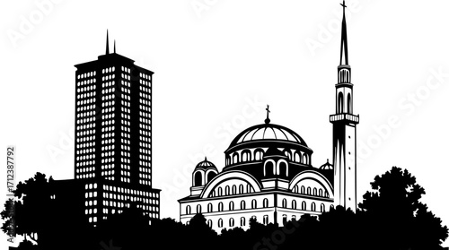 High resolution black and white city skyline silhouette vector illustration with helvetica and courier fonts