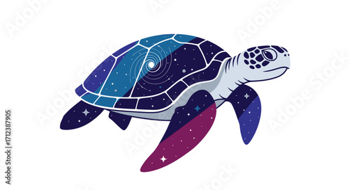Cosmic Turtle Illustration with Starry Shell and Flippers.