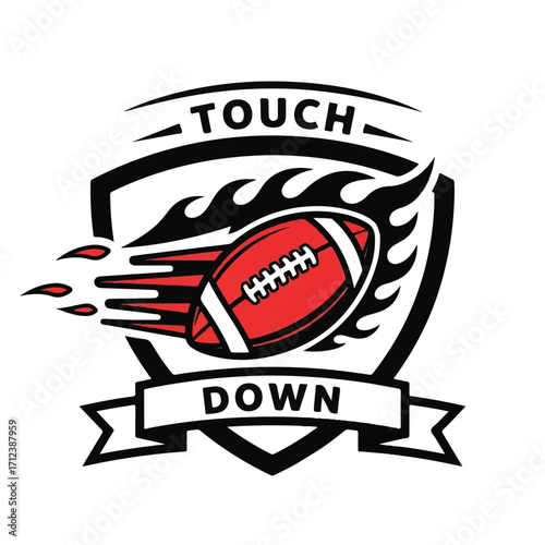 Fiery American football speeding towards touchdown, emblem design.