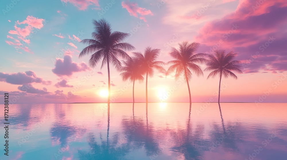 Obraz premium Row of silhouetted palm trees mirrored in an infinity pool at vibrant tropical sunset with colorful sky and calm water