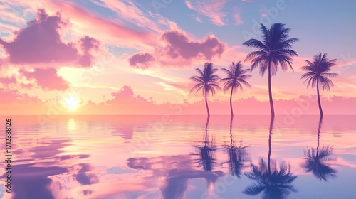 Pastel tropical sunset reflecting across tranquil ocean water with silhouetted palm trees and dreamy vacation horizon