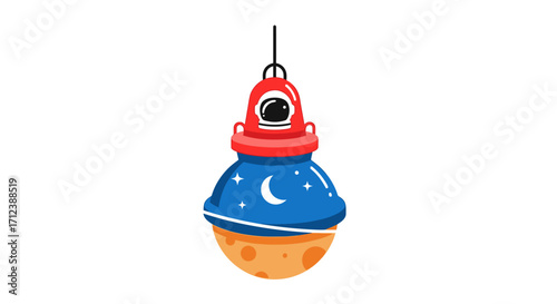 Cute cartoon astronaut hanging from a string with a moon and stars.