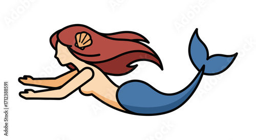 Cute cartoon mermaid with red hair swimming gracefully.