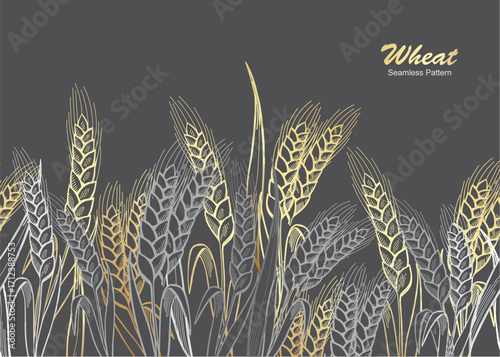 Hand drawn bread seamless pattern, background, label with wheat, oat, barley, rye, wheat ears stalks gold line on black background