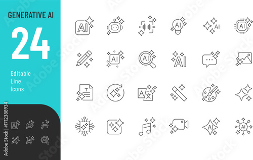 Generative AI line Editable Icons set. Vector illustrations in a modern, thin line style related to creative artificial intelligence: text, images, videos, and more. 