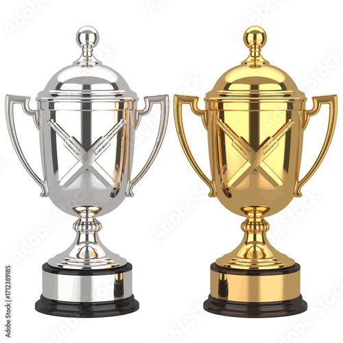 Two shiny trophy cups one gold one silver award ceremony recognition achievement prize vector