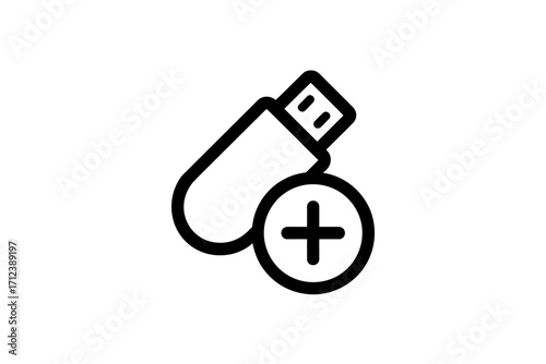 Usb flash drive icon with add symbol simple line art for digital storage and data transfer vector