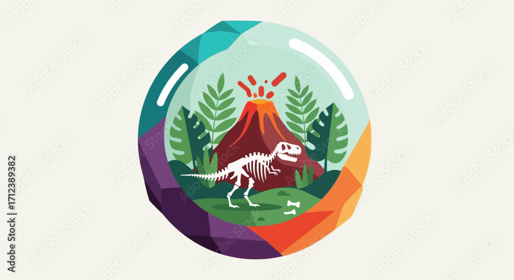 Obraz premium Dinosaur Skeleton in Volcanic Landscape within a Decorative Circle.