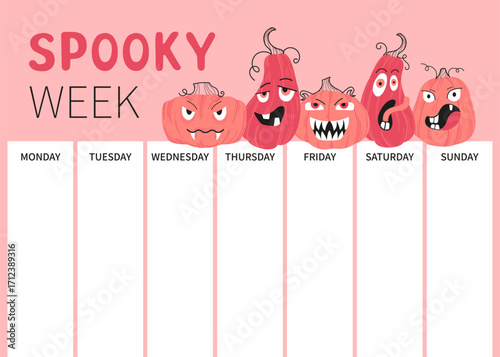 Colorful weekly planner for Halloween with funny scary pumpkins and weekday blocks. Perfect for organizing spooky events, party planning, school notes or festive schedules. Flat vector design.