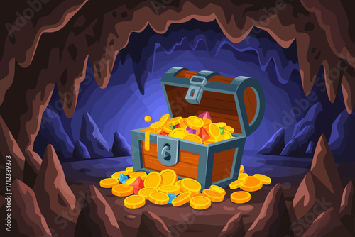 Ancient treasure chest overflowing with gold coins inside a mysterious cave awaiting discovery vector
