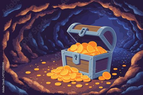 Treasure chest overflowing with gold coins in a mystical cave environment vector