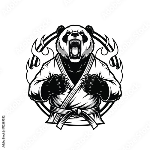 Fierce panda in a karate gi, roaring with aggressive intent, surrounded by flames.