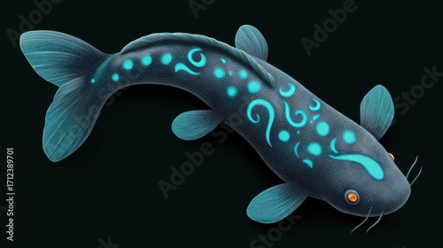 Artistic illustration of a stylized fish with glowing patterns and intricate details on a dark background