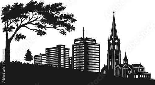 A high resolution black and white city skyline silhouette with modern architectural elements and subtle atmospheric effects