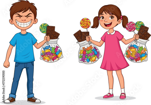 Happy children holding candy bags, smiling boy and girl, colorful sweets, chocolate bars, lollipops, joyful kids, celebration, childhood fun, treat