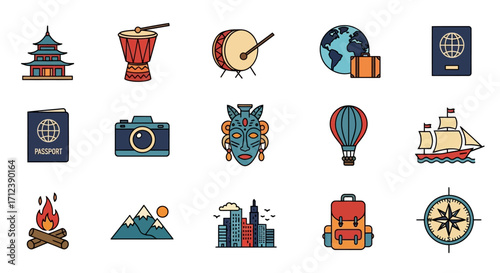 Diverse Travel and Adventure Icons Representing Global Exploration.