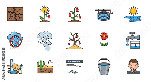 Drought and Water Scarcity Icons Representing Environmental Issues.