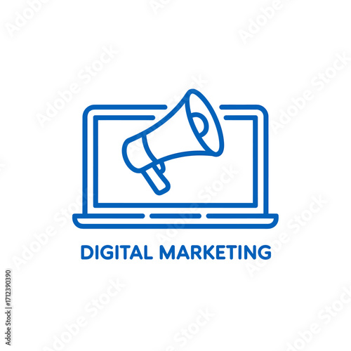 Digital marketing megaphone on laptop screen icon for online promotion and business growth vector