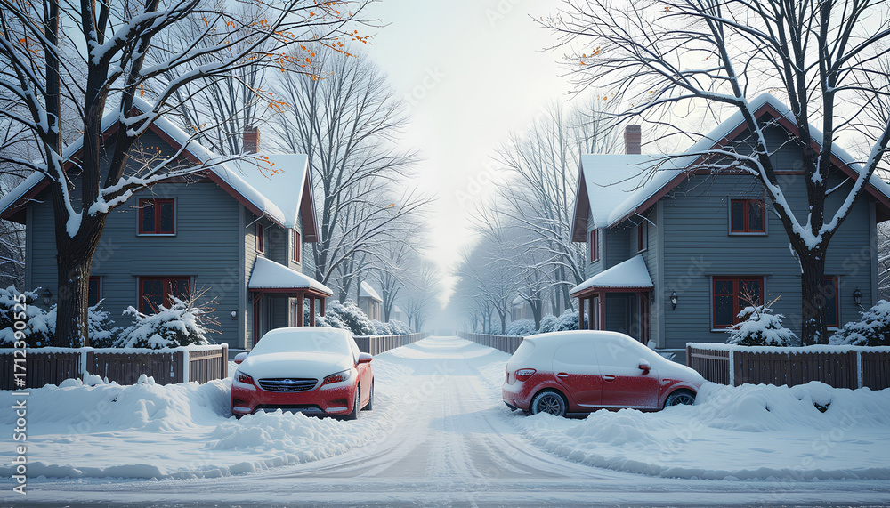 Fototapeta premium Snow-Covered Twin Gray Houses with Red Trim and Buried Cars – Peaceful Winter Street Scene