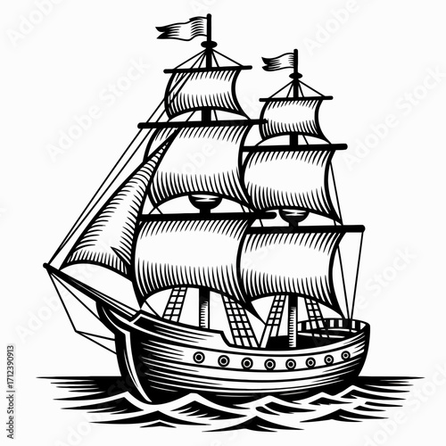 Vintage Sailing Ship Illustration Black and White Nautical Vessel on the Ocean Waters with Flags and Detailed Rigging Symbol of Exploration
