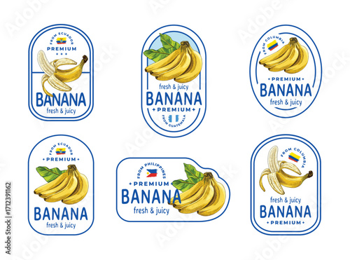 Banana fresh product label collection. Sticker bananas from Ecuador, Colombia, Guatemala, Philippines