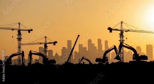 Silhouette of Cranes and Excavators at a City Construction Site During Sunset