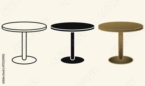 Round or circle table icon set in outline, silhouette, and colored style. Simple furniture symbol with circular top and pedestal base for home, cafe, restaurant, and interior design.