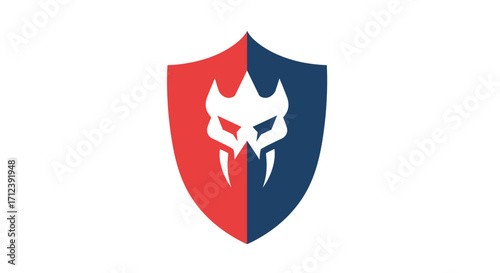Fierce Warrior Mask on a Red and Blue Shield Emblem.