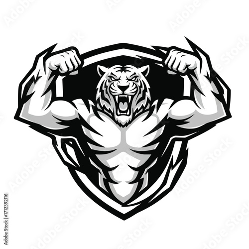 Muscular tiger flexing its biceps, set against a shield-shaped backdrop, depicted in a black and white vector illustration.