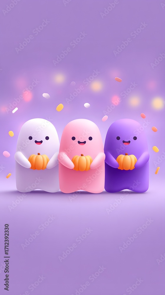 Obraz premium Joy Monster Pumpkin Cute cartoon characters in pastel colors holding pumpkins against a purple background.