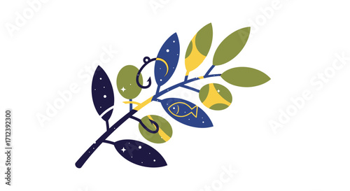 Fishing rod with hooks and fish, nature themed design.