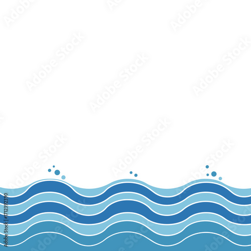 Stylized illustration of blue ocean waves with white outlines and water droplets against a white background.
