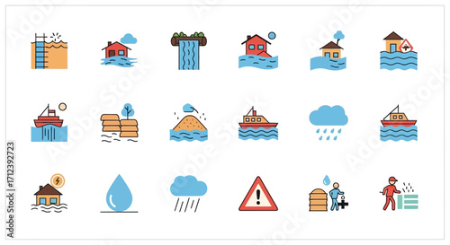 Flood Disaster Icons - Houses, Boats, and Warnings in Vector Format.