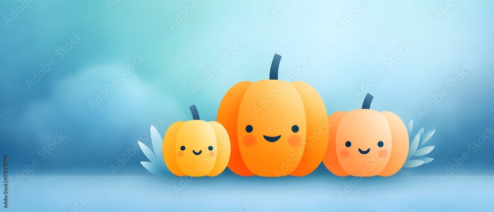 Fototapeta premium Joy Monster Pumpkin Cheerful cartoon pumpkins with wings against a soft blue background.