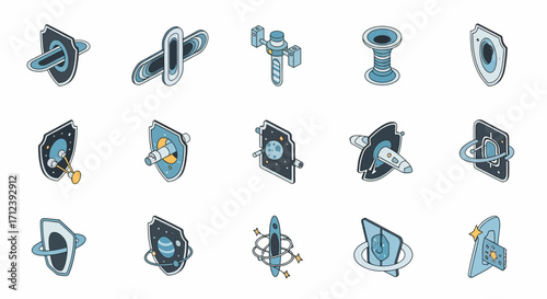 Futuristic abstract technology concept with multiple digital shields and energy.