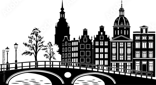 High resolution black and white city skyline silhouette with architectural detail and helvetica courier typography