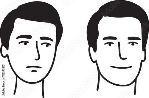 Two hand drawn male faces showing different emotions