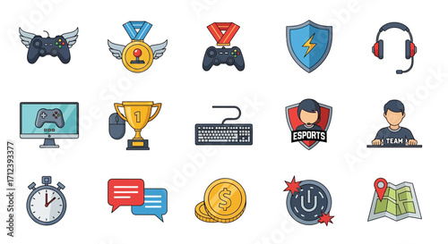 Gaming Icons Set - Controller, Medal, Headset, Trophy, Keyboard.