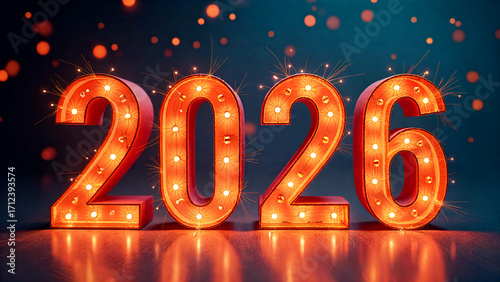 2026 Marquee Light Numbers with Glowing Bokeh on Festive Dark Background