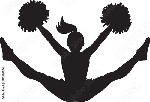 Silhouette of a cheerleader performing a split jump with pom poms.