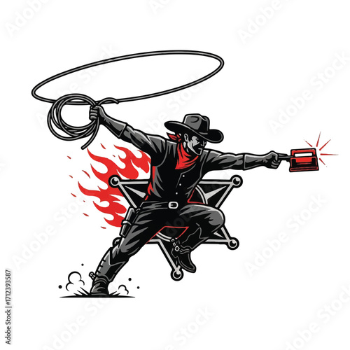 A stylized cowboy, in motion, roping and firing a weapon, centered on a starburst.