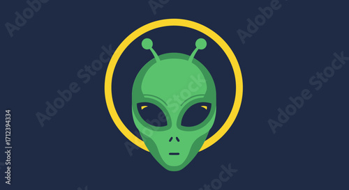Green Alien Head with Antennae in Yellow Circle.