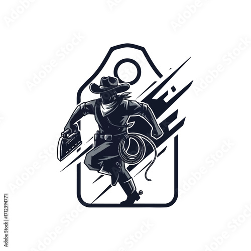 A dashing cowboy, carrying a briefcase, sprints within a stylized price tag design.