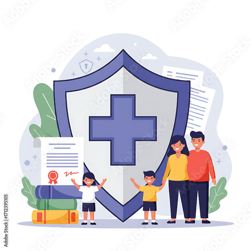 Family health insurance concept illustration with shield, people, and documents