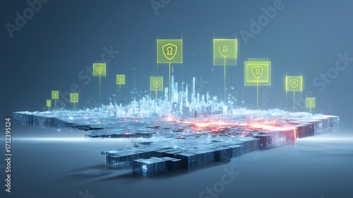 Futuristic Cityscape with Digital Security Icons and Concepts of Technology Innovations in Cyber Environment