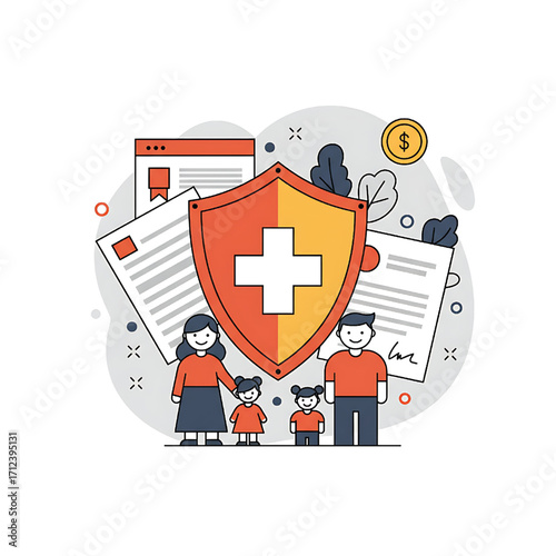 Family health insurance concept illustration with shield, documents, and people