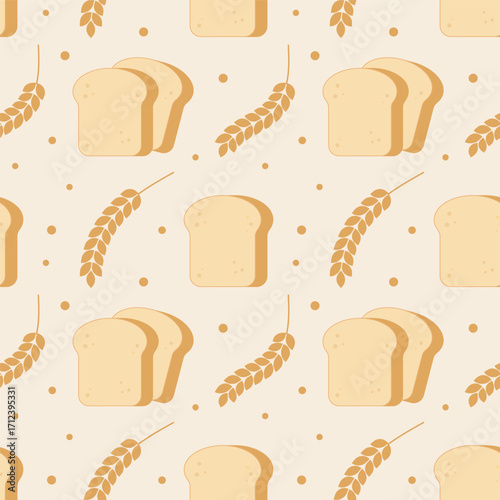Seamless pattern with bread.Slice loaf and wheat ears isolated on background.Food, bakery, kitchen vector graphic illustration background wallpaper.