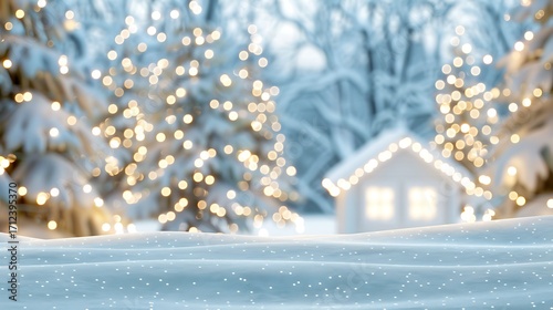 Winter Wonderland Landscape with Snowy Ground and Blurry Christmas Lights in Background, Dreamy Night Scene